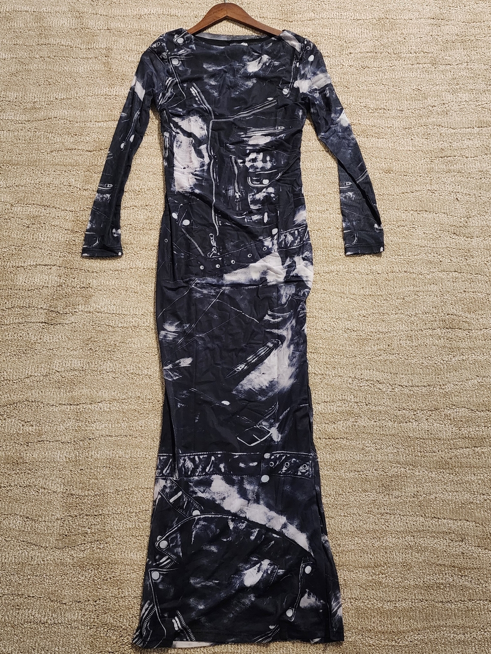 Goth Punk Illusion Maxi Dress - Long Sleeve Meshl Leather Jacket Buckle Gown M